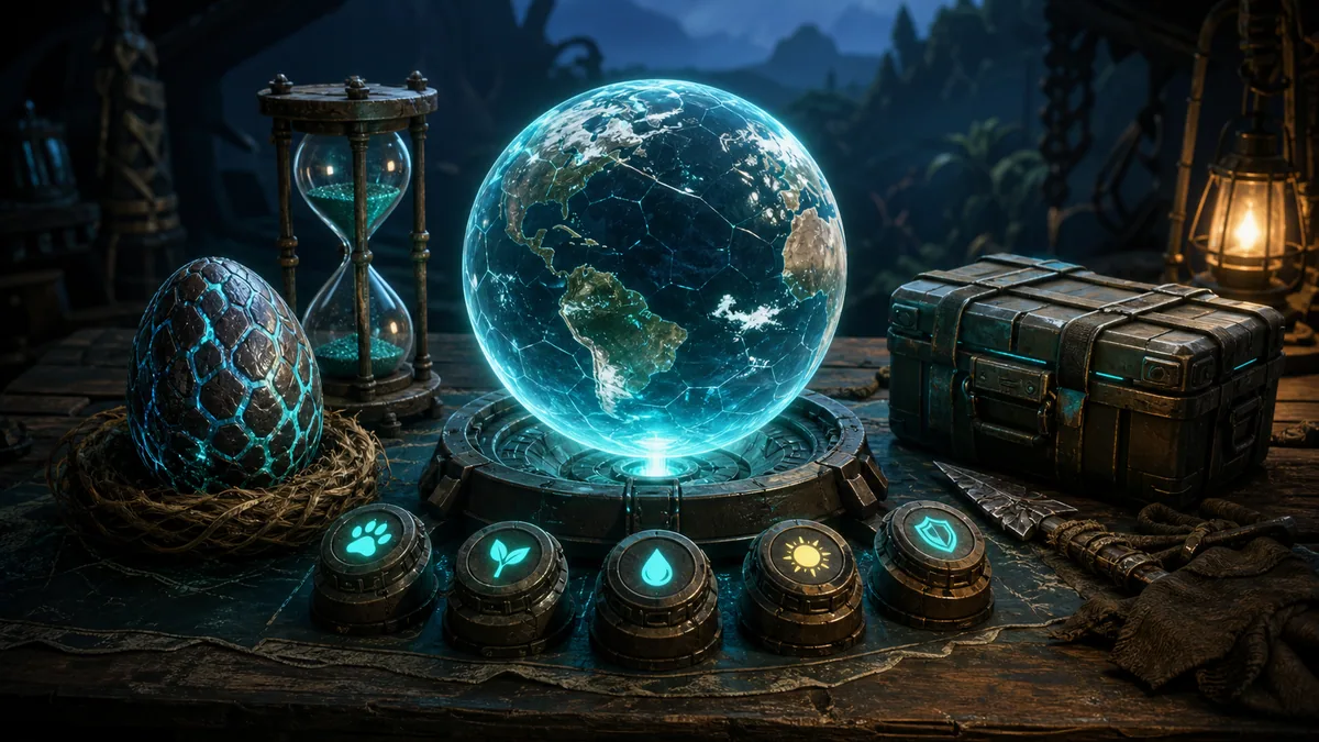 Original fantasy survival-game illustration of a glowing world globe, settings dials, an egg timer, and a supply crate