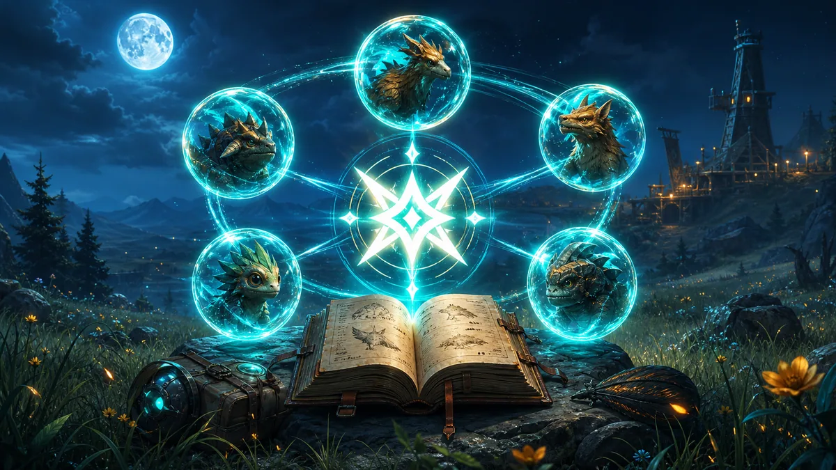 Original fantasy game illustration of five glowing capture spheres orbiting an experience emblem and a field journal