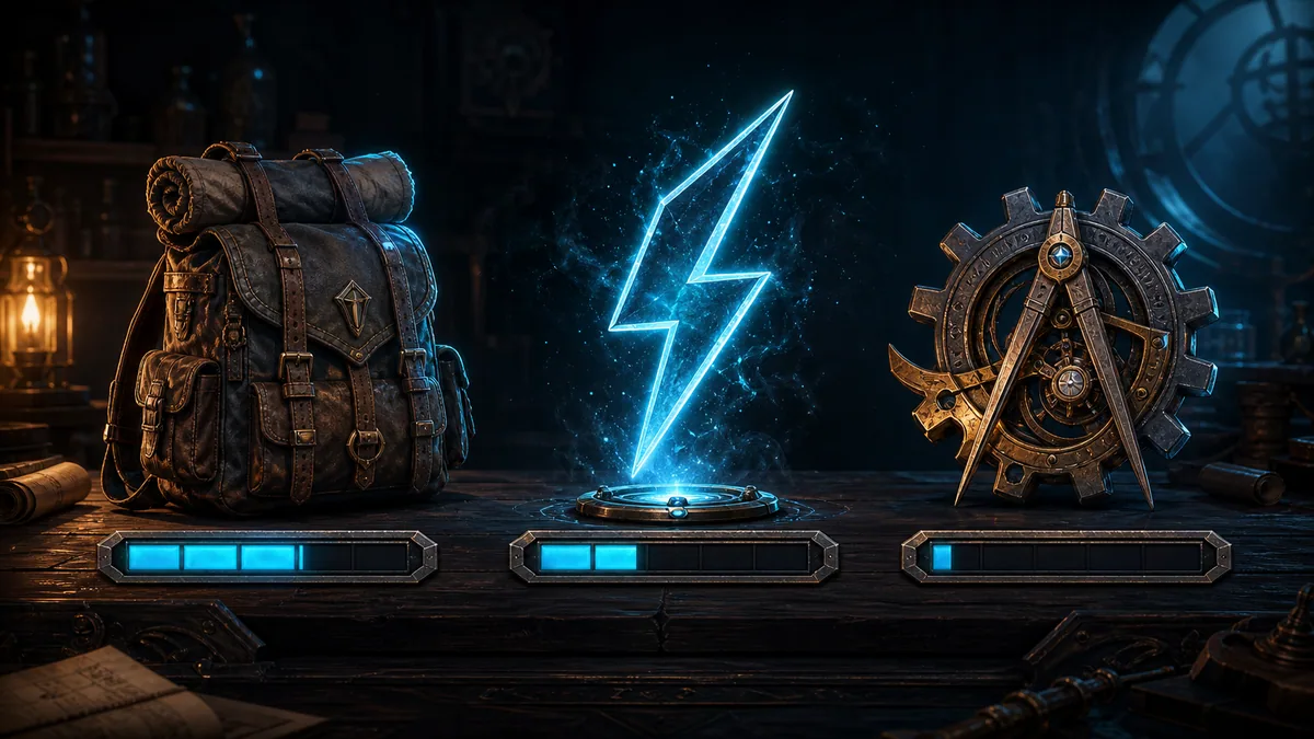 Original game-guide illustration of a backpack, lightning bolt, and gear beside three balanced upgrade bars