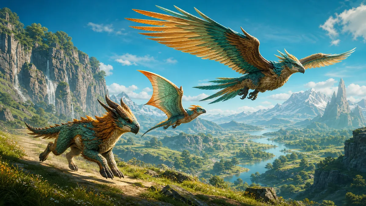Original fantasy survival illustration showing three travel stages: a horned ground creature, a small gliding creature, and a bird mount in flight