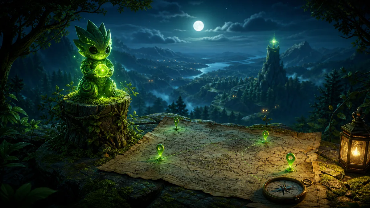 Original night exploration illustration of a glowing green creature effigy beside a map covered with clear route markers