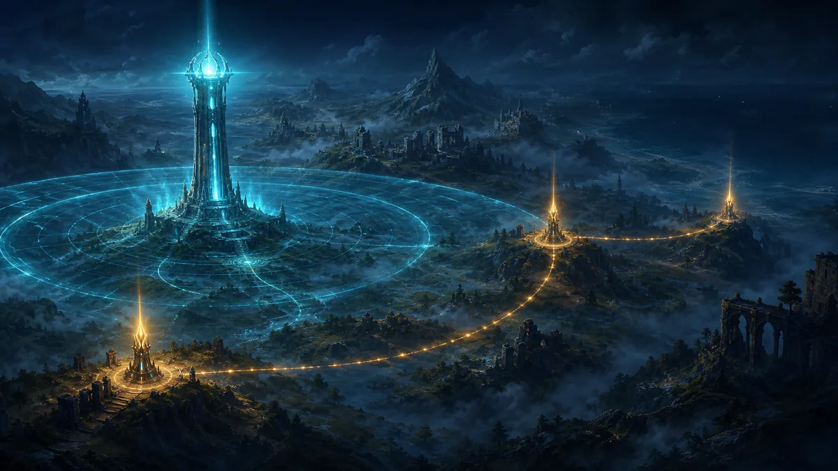 Original fantasy map illustration of a luminous watchtower revealing fog and connecting three fast-travel beacons