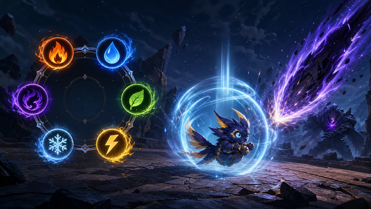 Original combat-guide illustration of a circular element wheel, an incoming attack, a capture sphere, and a creature being safely recalled