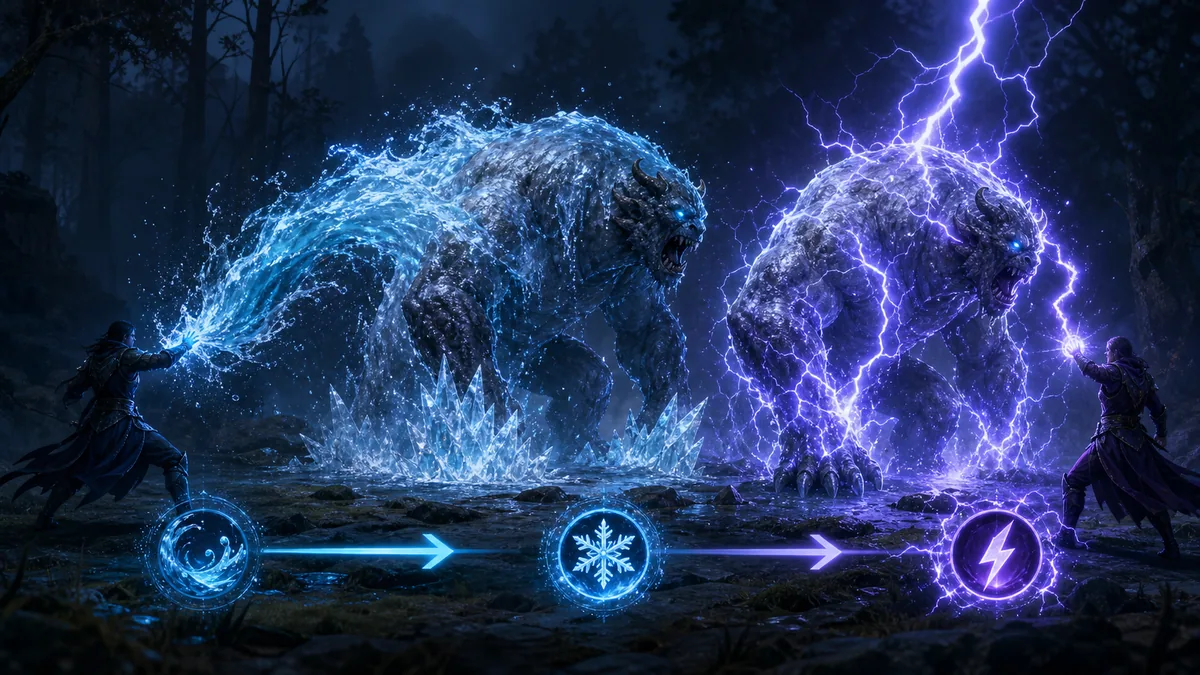Original fantasy battle illustration of water, frost, and lightning effects linking into one controlled creature encounter