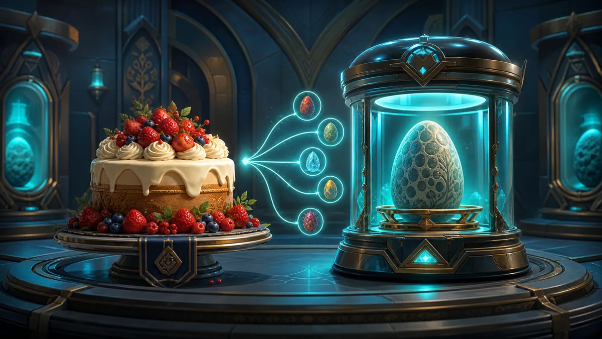 Original fantasy breeding-room illustration of a decorated cake beside a glowing incubator containing a patterned egg