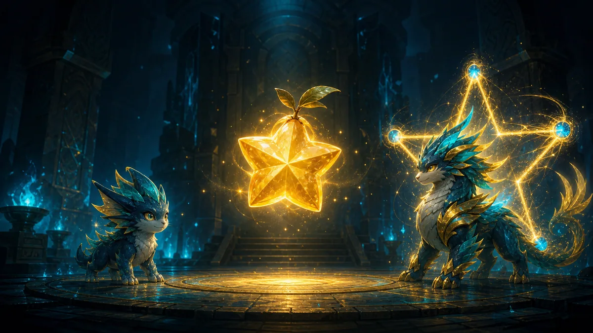 Original fantasy upgrade illustration of a luminous golden star-shaped fruit between a three-star and a stronger five-star creature silhouette