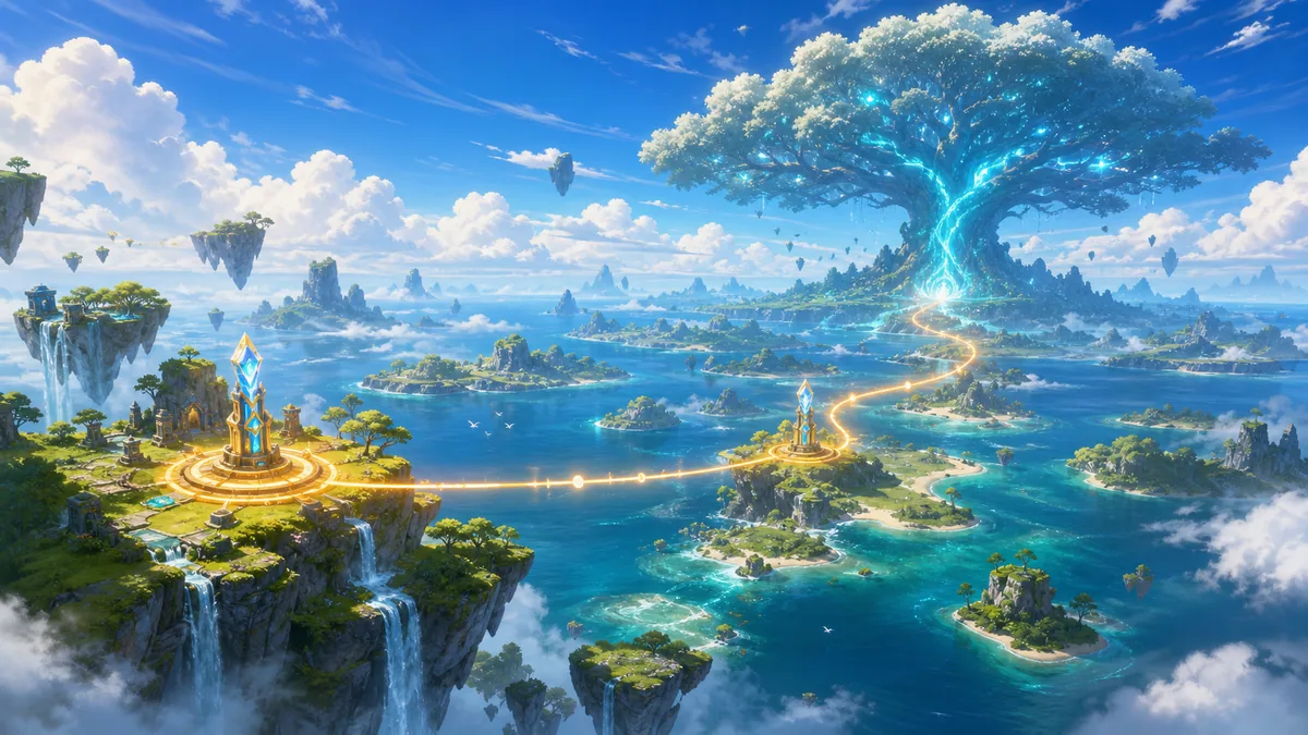 Original panoramic fantasy map illustration with a route from floating Sunreach islands to a monumental glowing World Tree