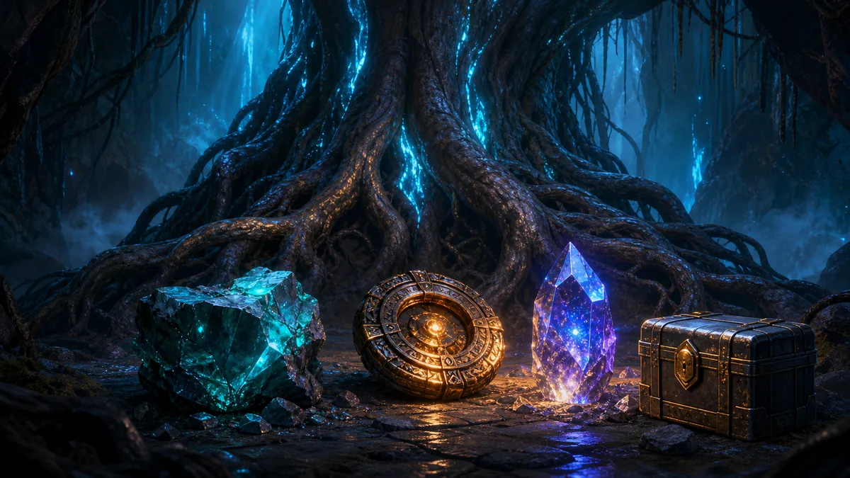 Original fantasy resource illustration of teal ore, an ancient relic, and a glowing gem beneath the roots of a giant world tree