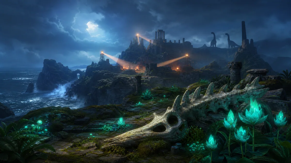 Original fantasy sanctuary illustration with ancient ruins, unusual wildlife silhouettes, patrol lights, and a large fossil bone among rare plants