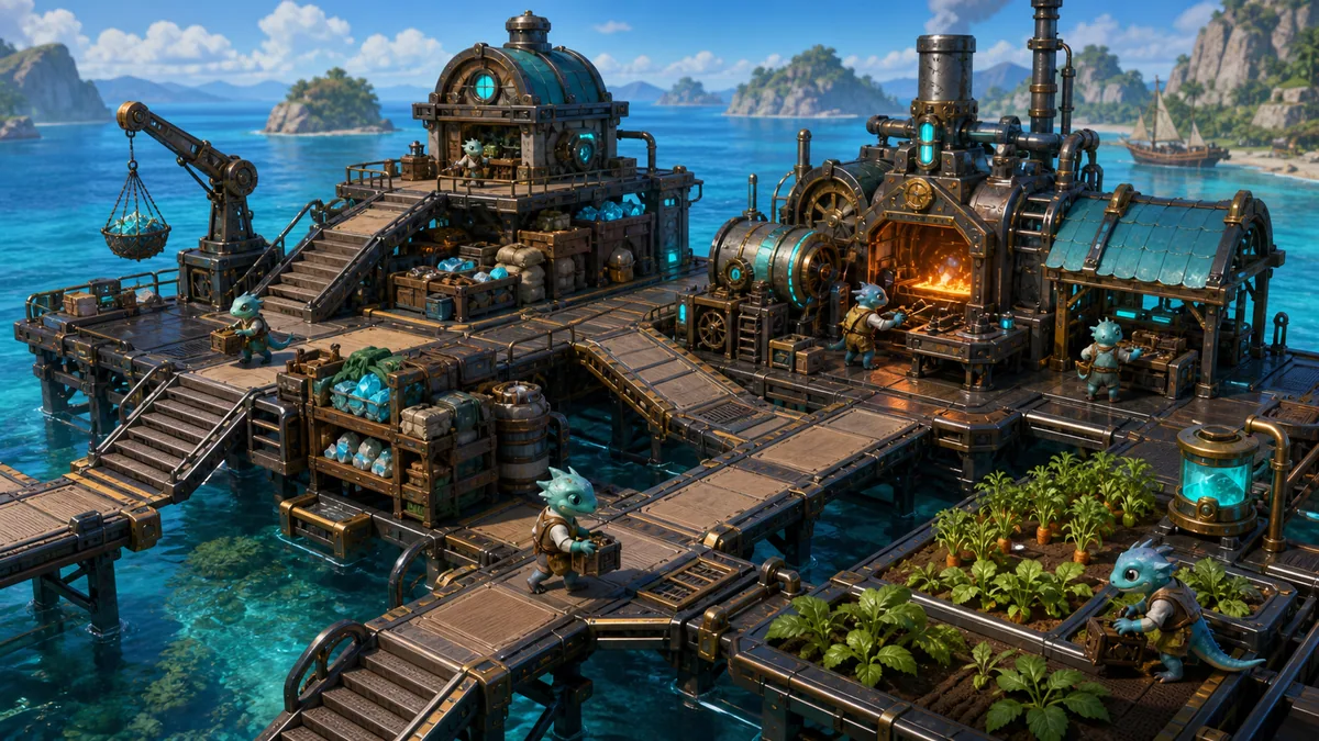 Original fantasy base-building illustration of a compact modular workshop platform built over clear blue water with accessible paths and storage