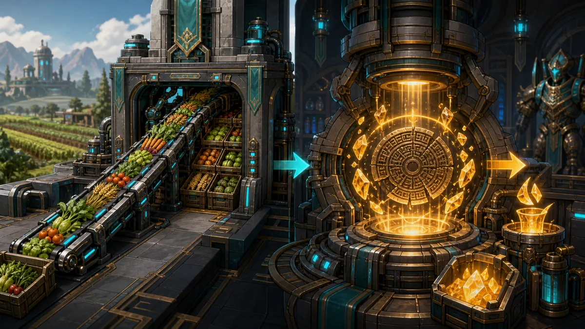 Original split-scene fantasy technology illustration of an automated crop line feeding storage and an ancient relic recycler producing upgrade materials