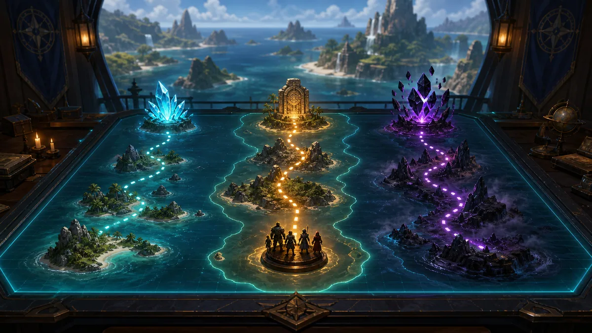 Original fantasy expedition-planning illustration with three island routes, a team marker, rare crystals, an ancient relic, and a risk meter without text