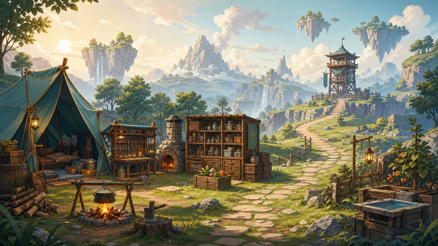 Original beginner journey artwork with a flexible campsite, crafting area, route, and watchtower