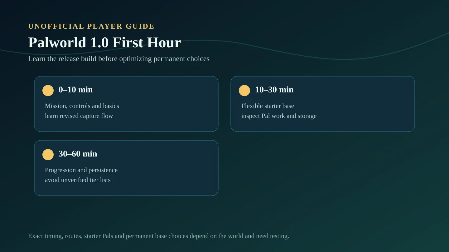 Palworld 1.0 first-hour timeline divided into 0 to 10, 10 to 30, and 30 to 60 minute stages