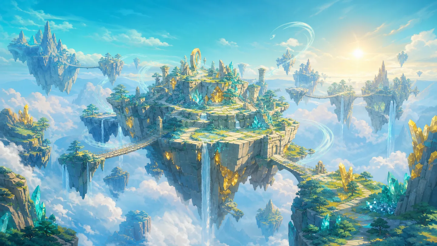 Original concept illustration of Sunreach-inspired floating islands above clouds with bridges, waterfalls, and glowing minerals