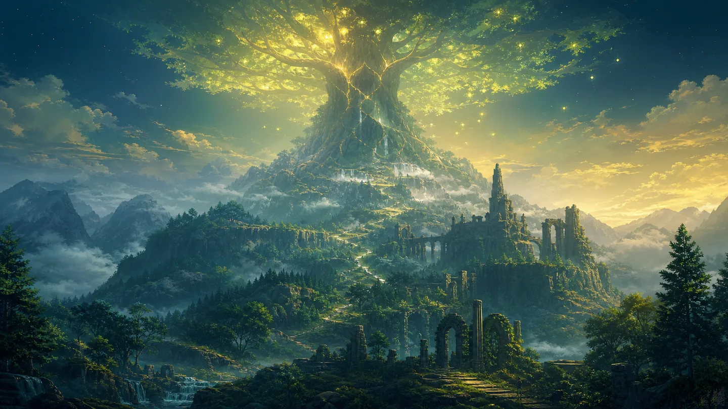 Original concept illustration of a monumental glowing World Tree beyond layered wilderness and ancient ruins