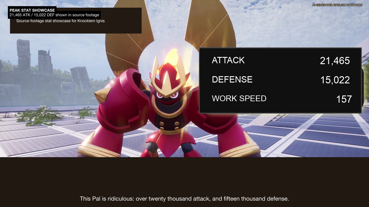 Knocklem Ignis Palworld 1.0 max stat build thumbnail showing English attack, defense, and work speed labels